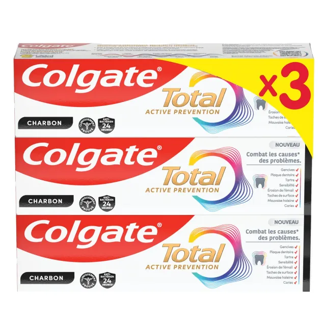 Colgate Total Active Prevention Charbon dentifrice 3 x 75 ml détox