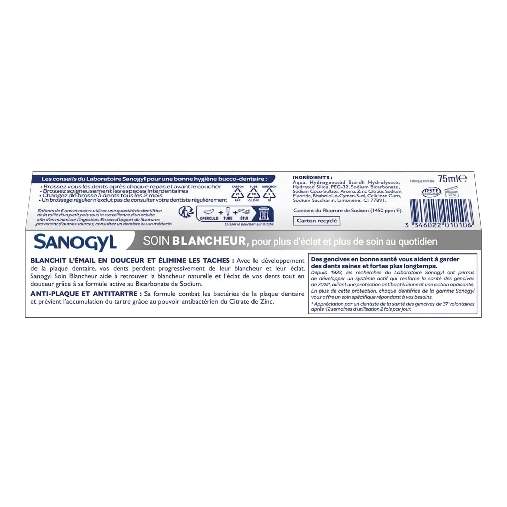 Sanogyl Soin Blancheur dentifrice 75 ml bicarbonate