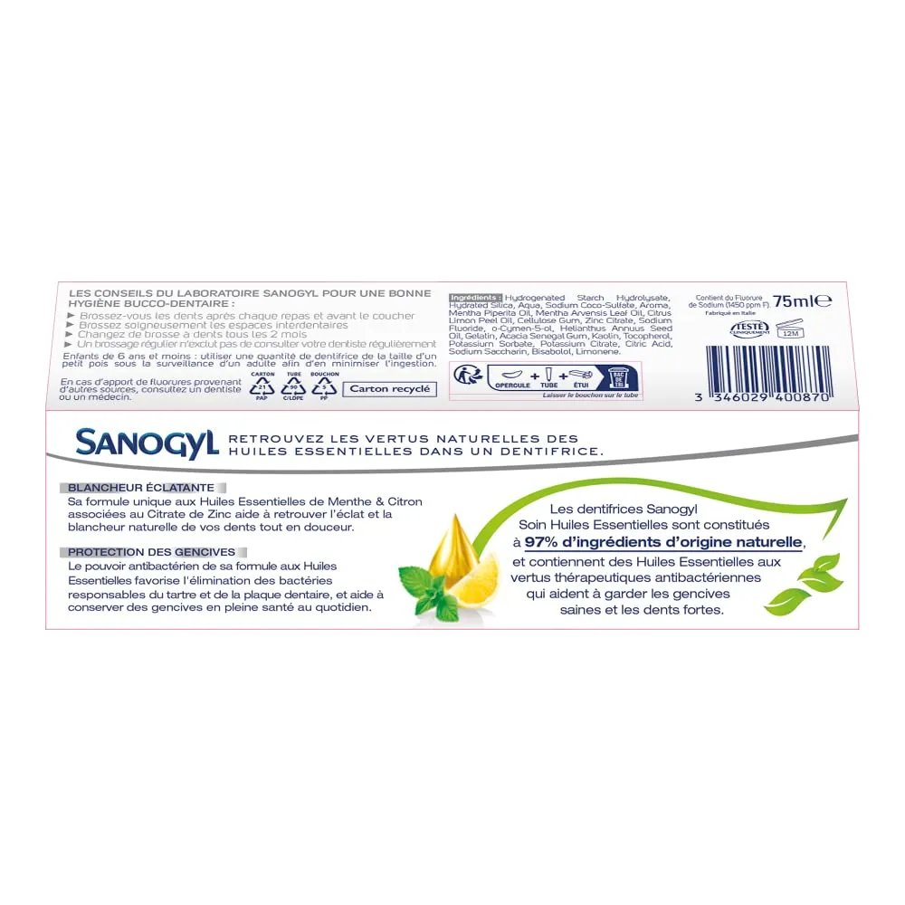 Sanogyl Soin Huiles Essentielles Blancheur dentifrice 75 ml naturel